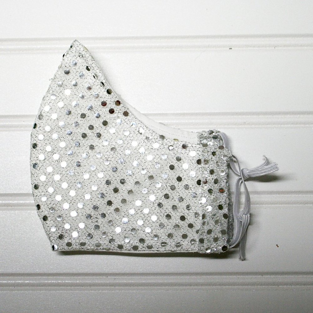 HAND CRAFTED Face Mask Silver Confetti Dot Sequin - Adult - Shield Style - Picture 2 of 14